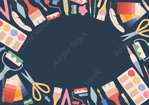 фотографія Flat painter equipment background shows palette, paintbrush and brush on dark blue surface