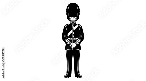 Konstfotografi British Royal Guard Soldier Icon Standing Stiffly, Black and White Illustration
