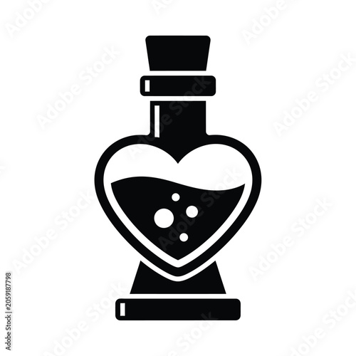 A black silhouette of a heart-shaped bottle filled with liquid and bubbles, sealed with a cork.