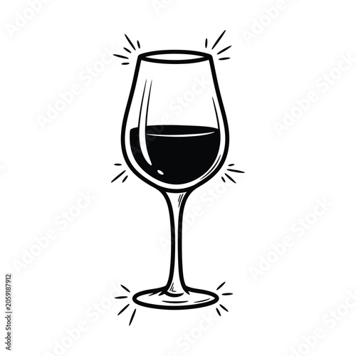 A simple black and white illustration of a wine glass filled with red wine and sparkling highlights.