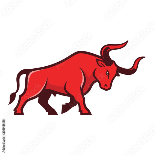 A powerful red bull charging forward with determination and strength.