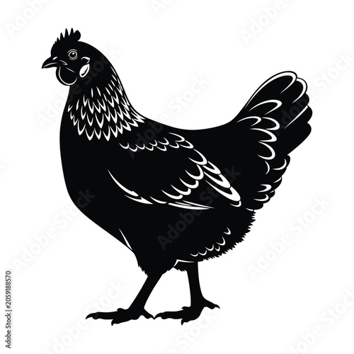 A black silhouette of a hen stands on a white background.