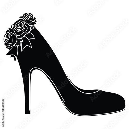 A black silhouette of a high-heeled shoe decorated with roses.
