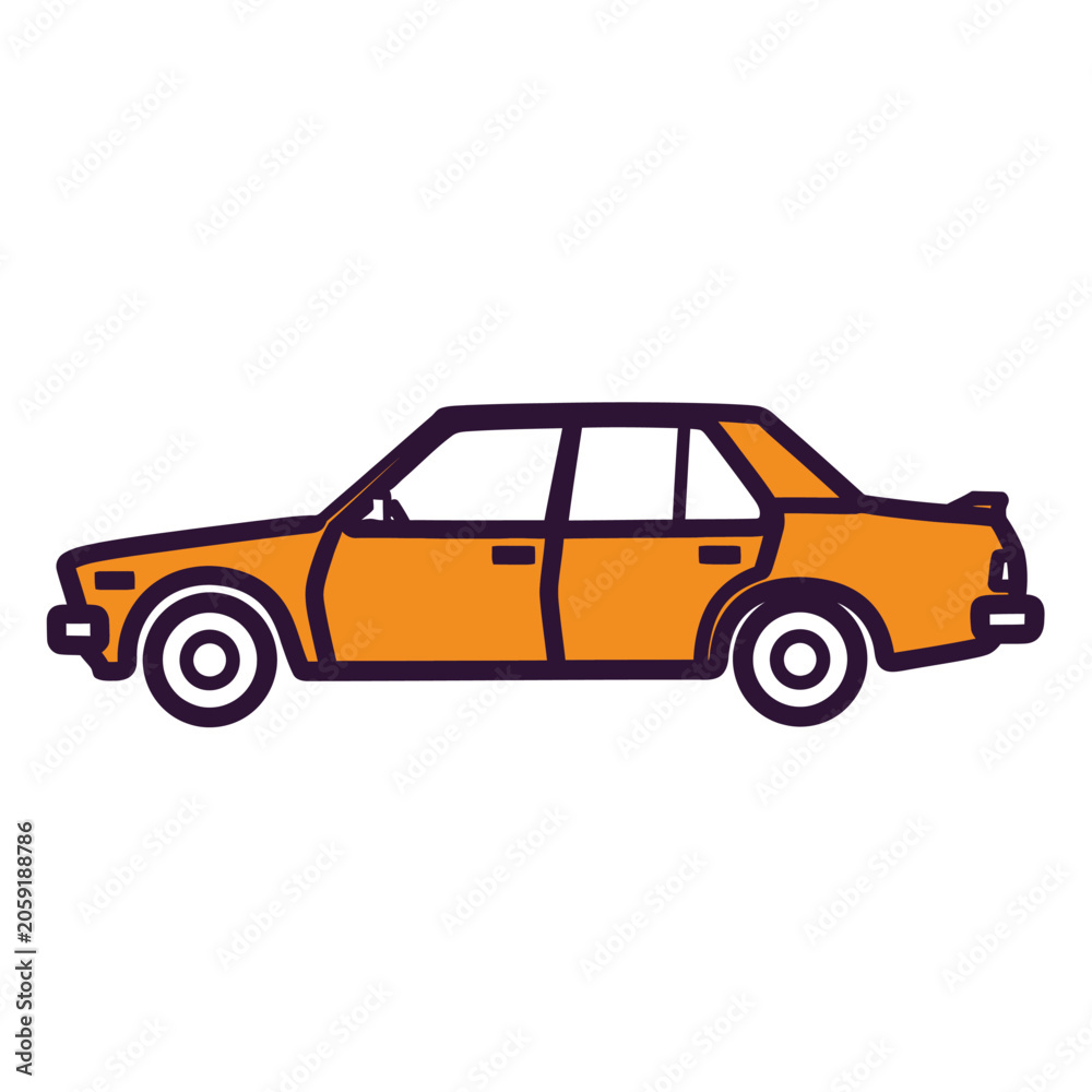 Fototapeta premium A simple illustration of an orange sedan car against a white background.