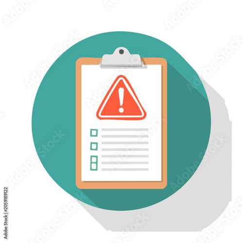 Clipboard with alert symbol checklist and document illustrating caution and warning notification concept