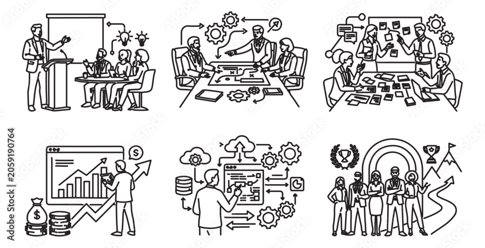 Obraz premium Business management line art illustrations, corporate teamwork and strategy vector set, professional office meeting and financial growth icons