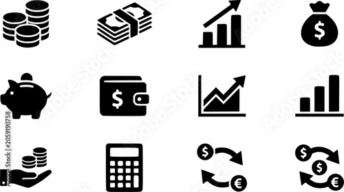 icons representing money and the economy icon silhouette icon set, flat black glyph style
