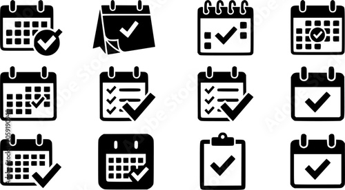 Checkmark calendar silhouette icon set, flat black glyph style, pure white background
