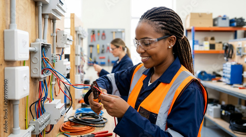 Female electrician apprentice working with wire crimpers. Smiling Black woman in safety vest during vocational training. Adult education and trade school concept
