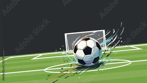 Soccer tournament promotion banner horizontal template with spinning ball at the middle of field have blank space.