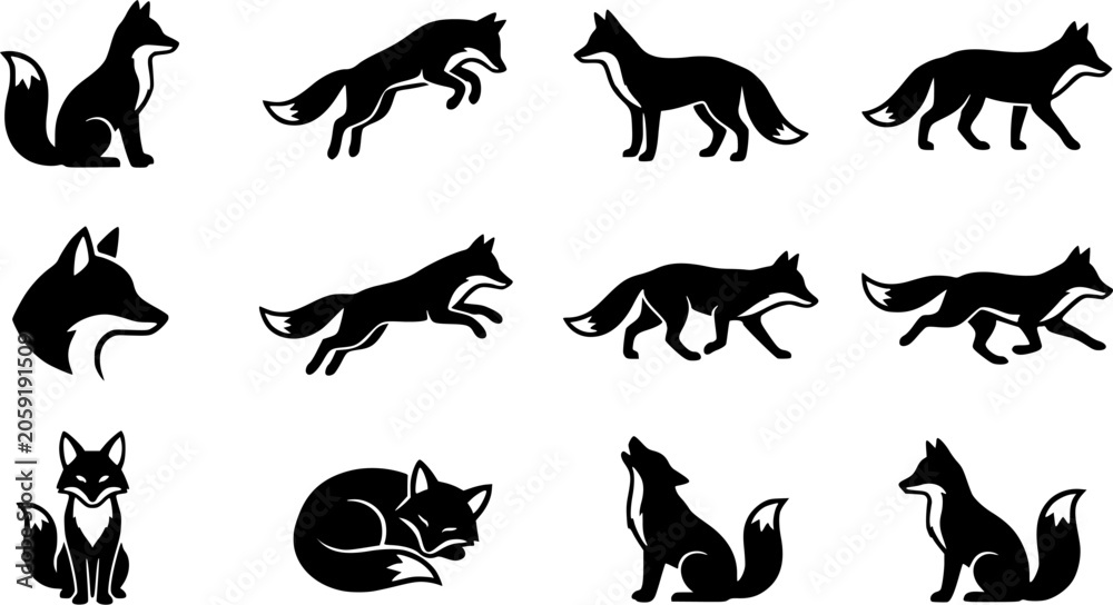 Obraz premium Fox silhouette icon set, flat black glyph style, pure white background