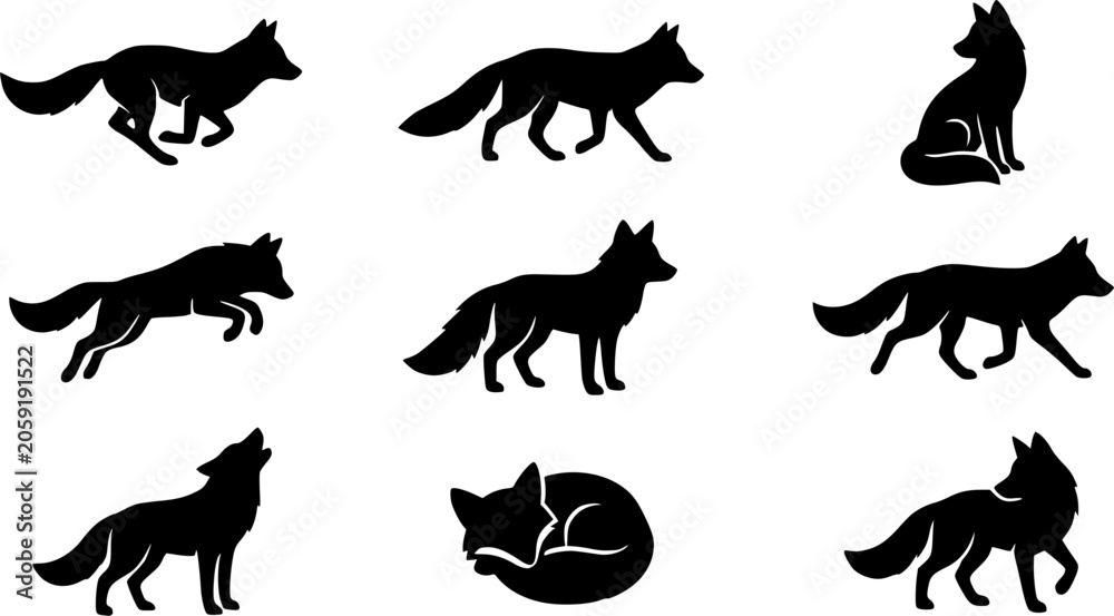 Fototapeta premium Fox silhouette icon set, flat black glyph style, pure white background