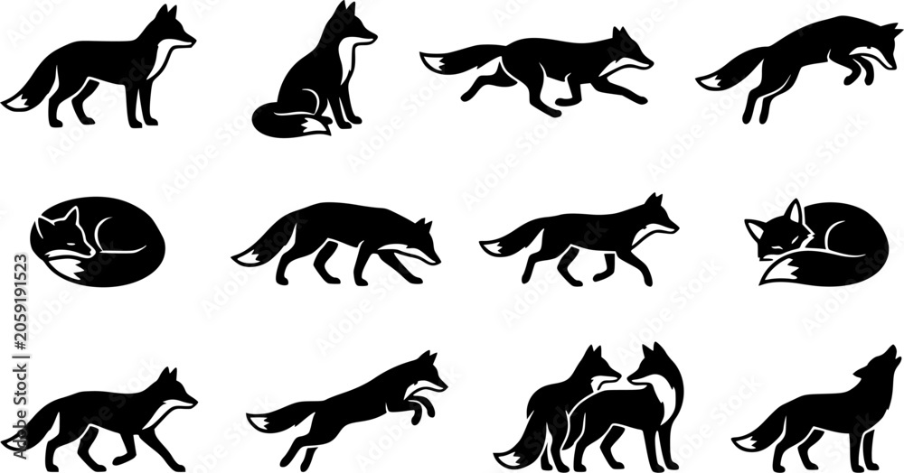 Obraz premium Fox silhouette icon set, flat black glyph style, pure white background