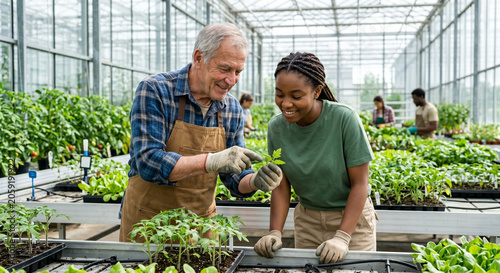 Senior farmer mentoring young agricultural worker in modern greenhouse.
