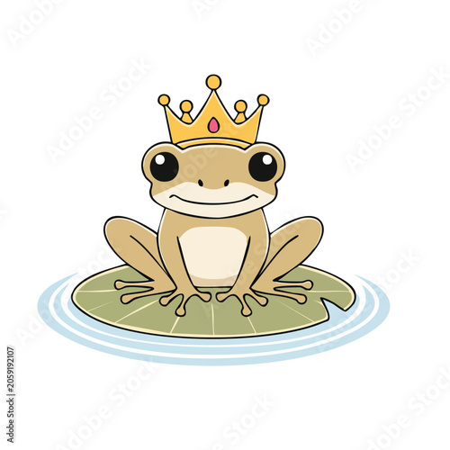 Cartoon Frog with Crown on Lily Pad