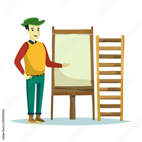 Cartoon man with easel and ladder