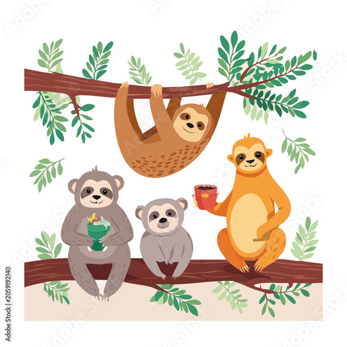 Cartoon Sloths on a Tree Branch with Drinks