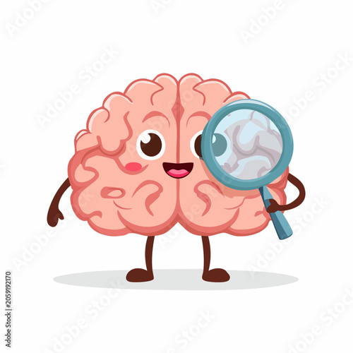 Cute Cartoon Brain Character Holding Magnifying Glass