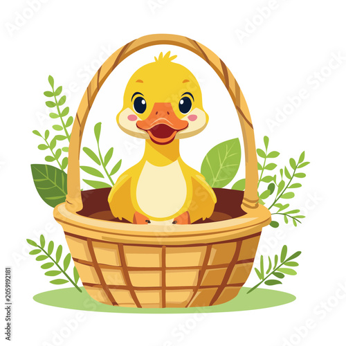 Cute cartoon duckling in a wicker basket with green leaves