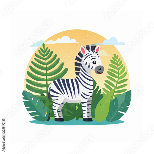 Cartoon zebra in tropical setting at sunset