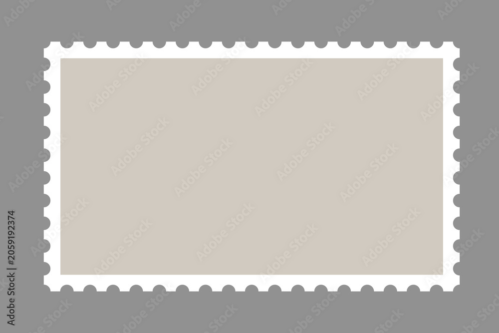 Obraz premium Empty postal stamp mockup. Blank rectangular sticker with serrated borders for envelope or postcard mail delivery. Vector flat illustration.