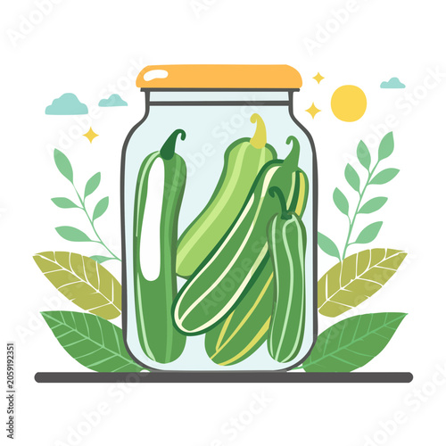 Pickled Cucumbers in Glass Jar with Leaves