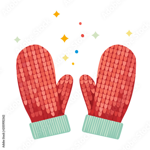 Red knitted mittens with light blue cuffs illustration