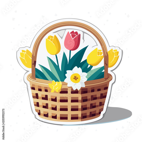 Woven basket with spring flowers illustration