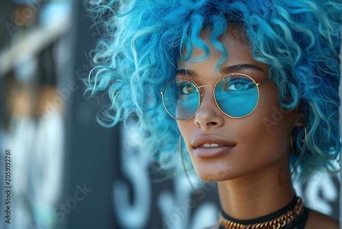 Blue Haired Woman Wearing Sunglasses in Graffiti