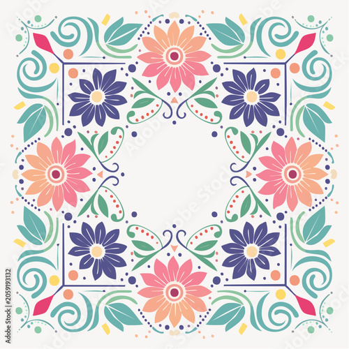Colorful Floral Border Design with Geometric Elements