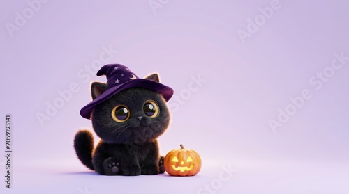 Small black kitten wearing purple witch hat sitting next to glowing pumpkin. Cute character for Halloween celebration. Funny pet with magical accessory, digital 3D art design concept.