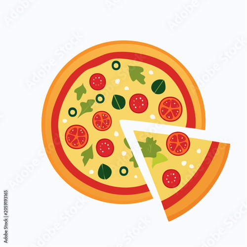 Flat illustration of a pizza with a slice removed