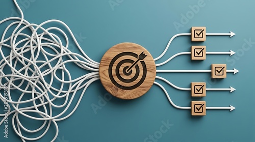 Fototapeta Business strategy and goal achievement concept transforming chaotic tangled wires into organized successful solutions with target and checkmarks