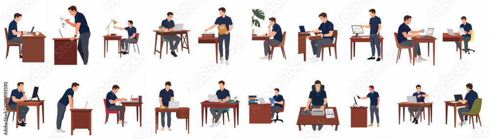 Obraz premium Flat vector set of a professional man working at his desk in various poses, including sitting, standing, typing, and analyzing data.
