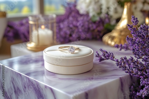 Gold Wedding Rings on White Box Purple Marble Table Lavender Flowers