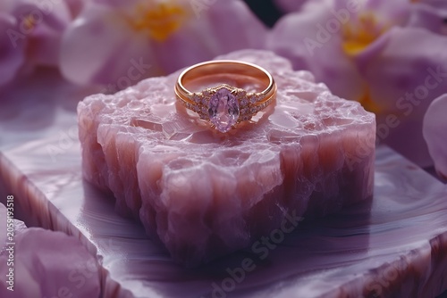 Gold Ring with Purple Gemstone on Pink Agate Stone surrounded Flowers