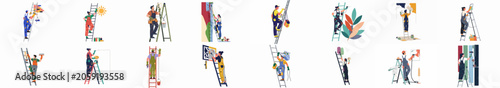 Diverse collection of male and female painters decorators and mural artists working on ladders with various tools in a flat illustration style