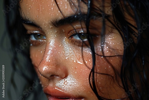 Wet Young Woman Face Close-up with Water Droplets