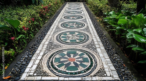 Mosaic Tile Pathway in Garden with Green Plants