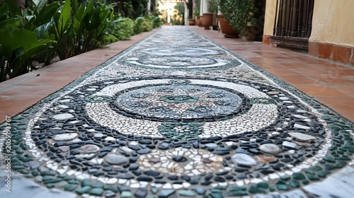 Mosaic Tile Pathway Leading to House with Potted Plants
