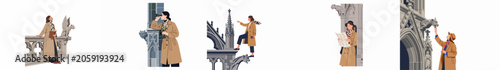 Foto Flat Vector Illustration Set of a Woman Tourist Exploring a Gothic Cathedral and