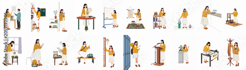 Foto Set of illustrations depicting a female student's journey learning Chinese language and culture through various educational and traditional activities