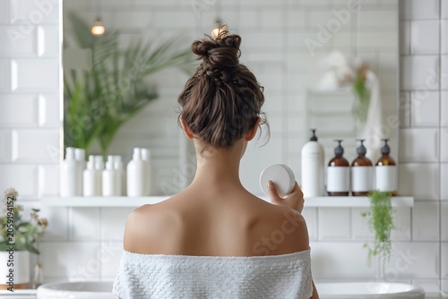 Woman in Towel Applying Cream in Bathroom