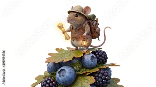 Explorer mouse with backpack and map standing on forest berries. Small animal adventurer wearing pith helmet and holding camping lantern. Concept of travel, nature, discovery and wildlife.