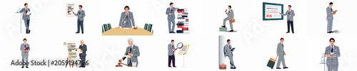 Tableau sur toile Flat vector illustrations of a professional male attorney in a plaid suit engaging in various legal, corporate, and presentation activities