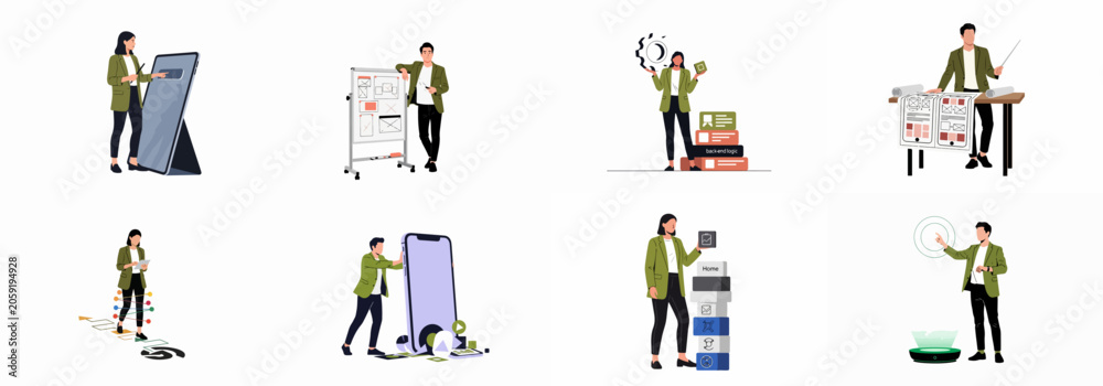 Obraz premium Professional Flat Character Illustrations Set Featuring People Working on Mobile App Development, UI/UX Design, and Modern Software Technology Solutions