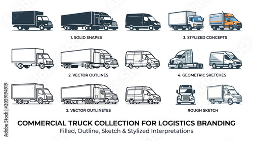 фотографія Commercial Truck Collection: Filled, Outline, Sketch & Stylized Interpretations