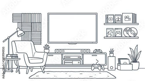 Принти на полотні Cozy Living Room Entertainment Setup with TV, Armchair, and Gaming Console