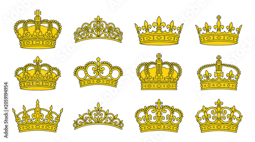 Fotografi Collection of Golden Crowns and Tiaras, Royalty Symbols, Decorative Ornaments