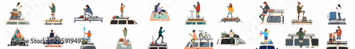Foto Set of illustrations showing women reading books on top of various camper vans and cars with roof racks, showcasing outdoor travel and nomad lifestyle